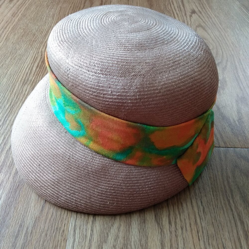 Vintage Taupe Straw Hat Tropical Orange Green Sash Sunhat Front Brim Rockabilly